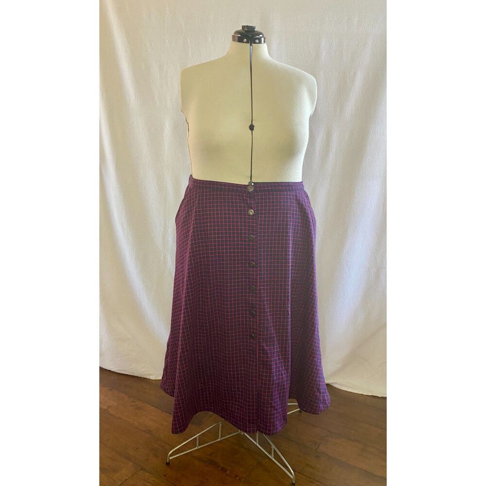 NY Collection Retro Navy Blue Pink Windowpane Plaid Button Down Aline Skirt